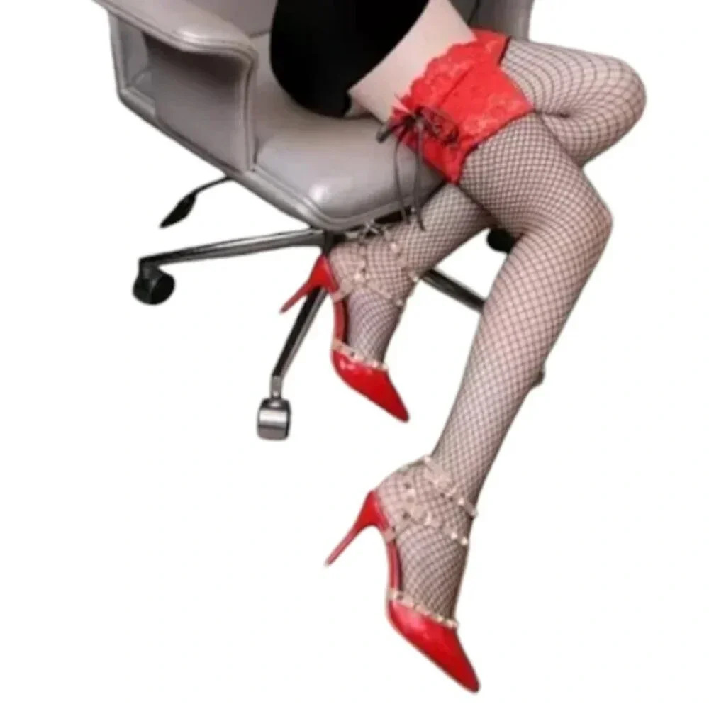 Red Wide Lace Up Thigh High Stocking
